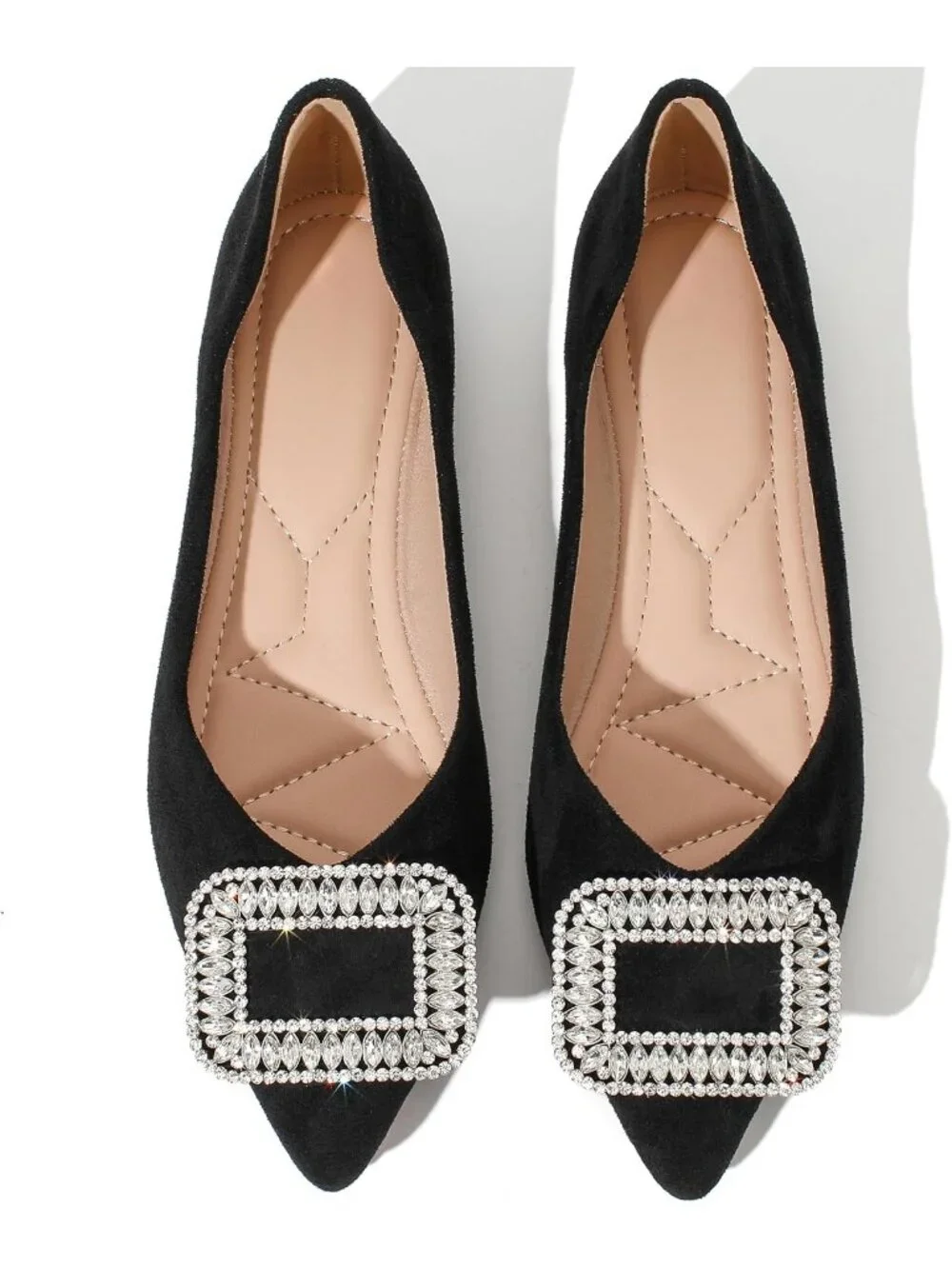 Women's Black Suede Pointed Toe Rhinestone Ballet Flat Slip On Party Dress Shoes